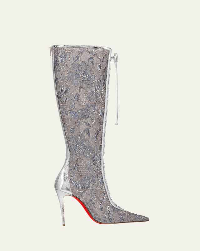 KM Lace Strass Red Sole Knee-High Boots